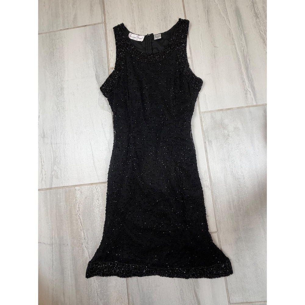 Laurence Kazar Vintage Black Beaded Silk Cocktail Dress PM Petite Med Sleeveless